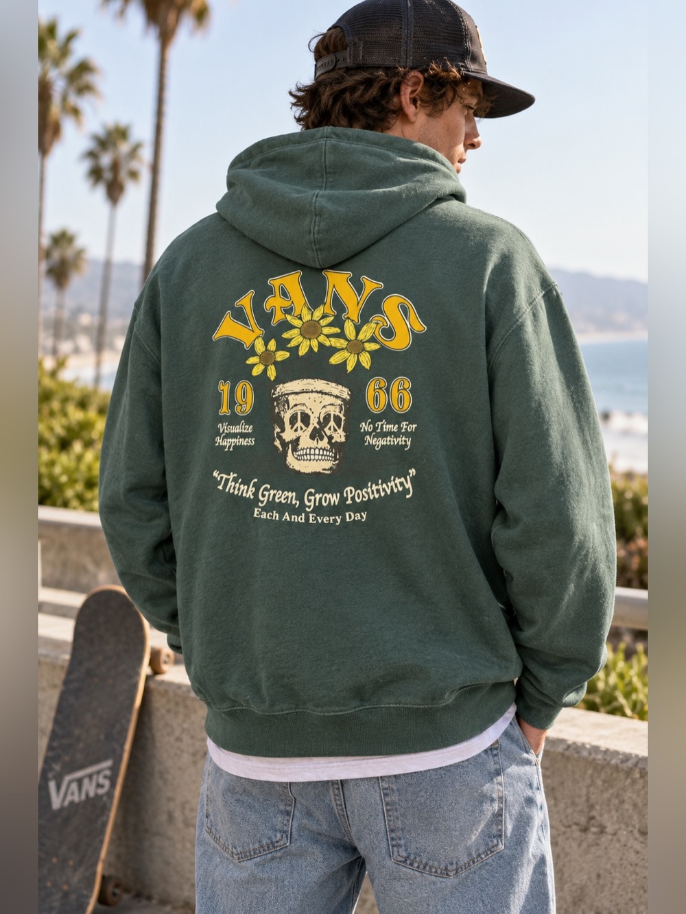 Vans Green Hoodie with Yellow Floral Skull Graphic